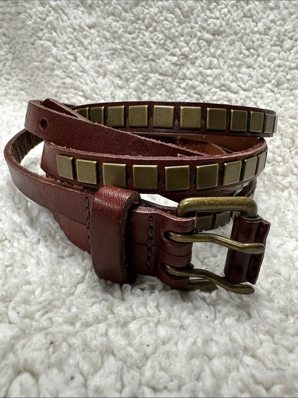 Slim  Double Belt & Buckle Faux Studded Vegan Leather Boho Goth Funky Belt